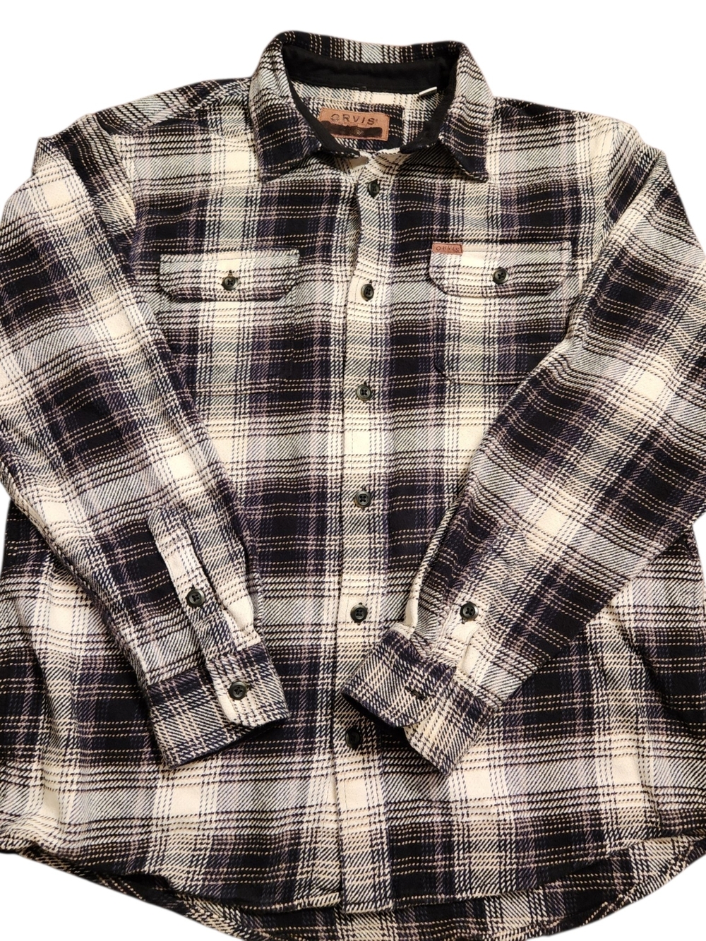 90s Vintage ORVIS Black Cream Tartan Plaid Shirt Jacket Shacket Cotton Size M